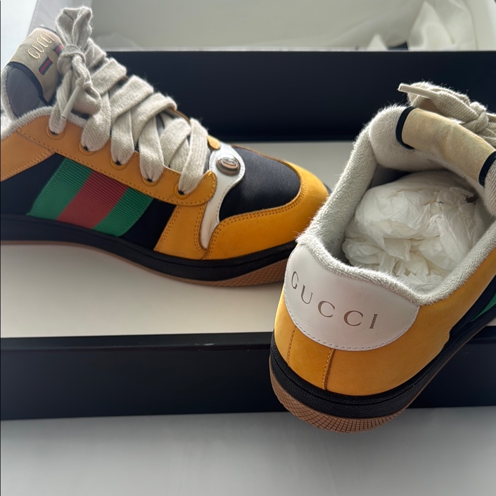 Gucci Men's Vibrant Yellow Sneakers with Green and Red Stripes - Picture 4 of 5